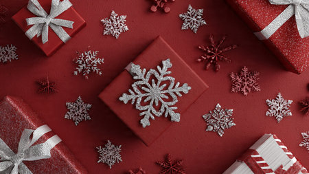 Old-style yuletide composition built with textured red backdrops and antique golden pieces.の写真素材