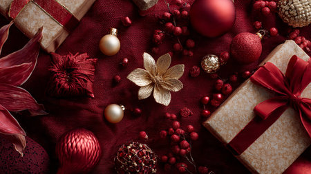 Classic Christmas frame using starry gold and traditional red dの写真素材