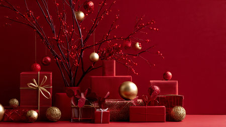 Modern minimalist holiday layout mixing red and gold tones with perfect symmetry.