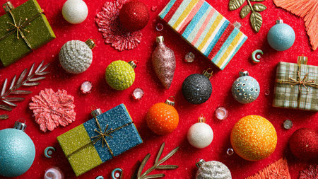 Classic Christmas layout with luminous gold stars, glossy red baubles, and beautifully wrapped presents arranged symmetrically.の写真素材