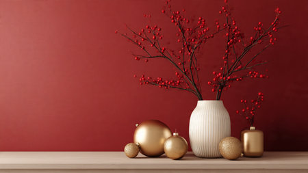 Red monochrome theme accented with polished gold ornaments and sleek minimal holiday boxes.の写真素材