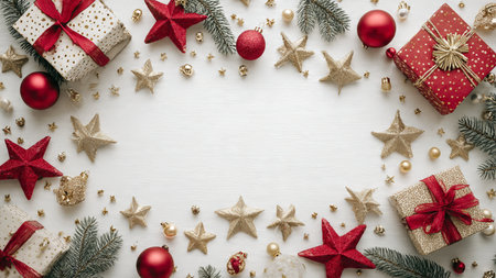 Deep red holiday backdrop with subtle gold details and elegantly minimalist gift wrapping.