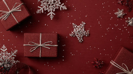 Golden stars and red decorations forming a timeless Christmas frame around elegant holiday gifts.