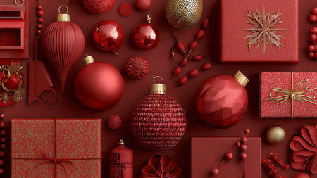 Vintage handcrafted Christmas scene combining textured red layers and antique gold d