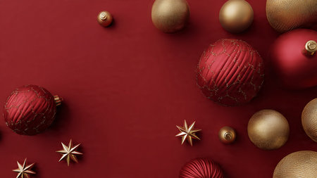 Festive matte-red top view decorated with glitter snowflakes and boutique-style wrapping.の写真素材