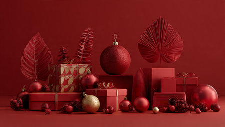 Elegant festive flat-lay using matte red tones and sparkly snowflake ornaments.の写真素材
