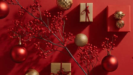 Golden stars and red ornaments arranged around classic holiday gift boxes in a warm frame.の写真素材