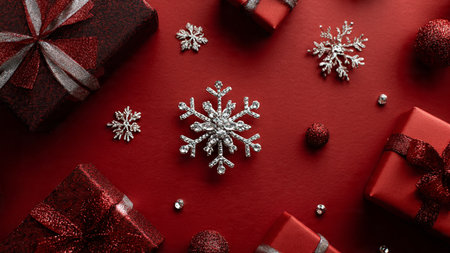 Minimal holiday aesthetic in red and gold with a clean, contemporary layout.の写真素材