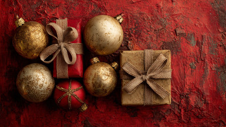 Clear Christmas border design using ornament placement to emphasize an empty centerpiece.の写真素材