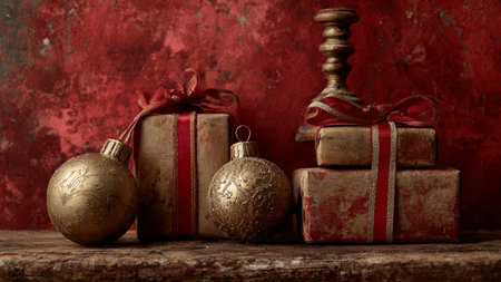 Classic golden-star holiday frame supported by glossy red decorations and neatly wrapped presents.