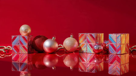 Gleaming gold stars coupled with bold red ornaments and stylish gift boxes.