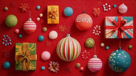 Rustic vintage holiday frame featuring textured red fabric and aged gold ornaments with ribboned gifts.の写真素材