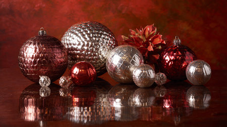 Traditional Christmas border adorned with metallic gold stars, glossy red spheres, and soft ribboned gift boxes.の写真素材