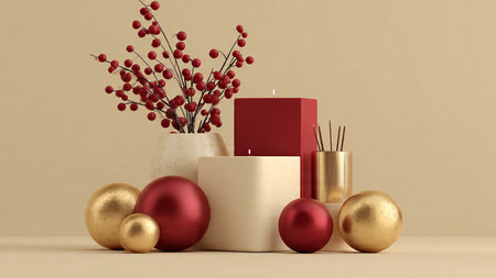 Overhead Christmas design featuring matte red texture, sparkling snowflakes, and premium gift wraps...