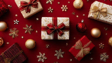 Simple red monochrome look garnished with fine golden ornament details.