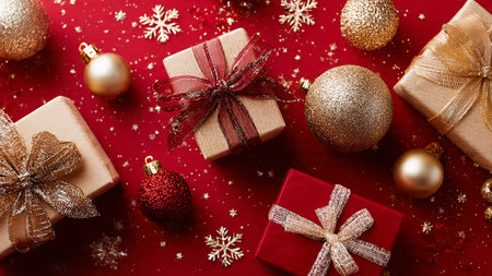 Vintage Christmas mood created with rough-textured red and faded gold.