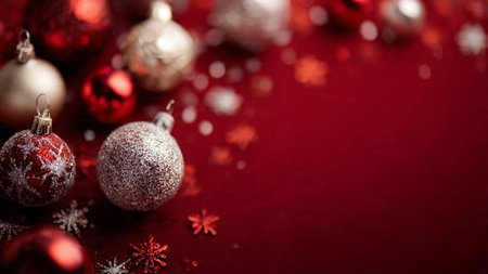 Simple Christmas frame created by evenly placed ornaments around an empty center region.の写真素材