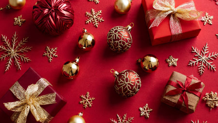 Christmas border with bright gold stars and warm red decorations arranged elegantly.の写真素材