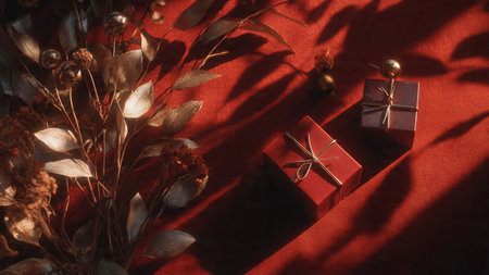 Classic rustic Christmas layout built with aged red textures and faded gold accents.の写真素材