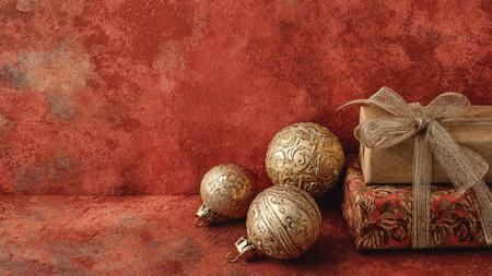 Deep red monochrome aesthetic touched with elegant golden accents and neat gift arrangements.