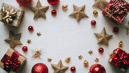 Bold red holiday arrangement paired with minimal golden touches and understated gift packaging.の写真素材