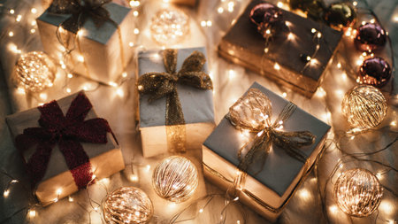 Deep-toned red backdrop with shimmering golden snowflakes and clean frame shape.