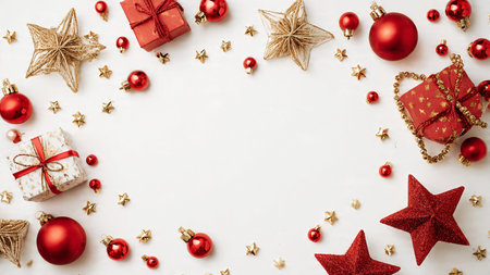 Matte red overhead layout decorated with sparkling snowflakes and premium gift wrappings.