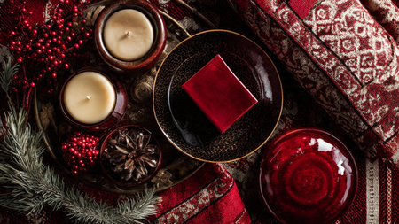 Matte red top-view holiday mockup featuring sparkling snowflakes and high-end wrapping.