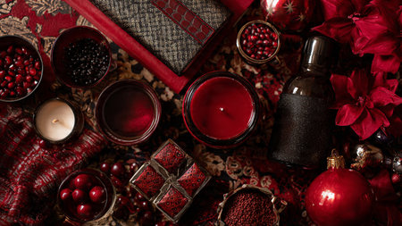 Red-tone festive theme lifted with minimal golden ornament touches and neat wrapping.の写真素材