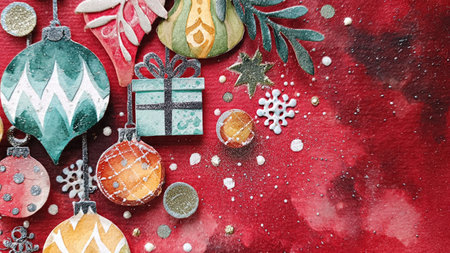 Bold red monochrome layout highlighted with selective golden ornaments and simple gift packaging.の写真素材