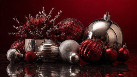 Chic red-and-gold minimalist arrangement offering a stylish seasonal appearance.の写真素材