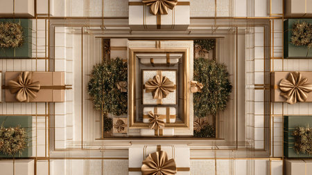 Red monochrome holiday style made dynamic with selective golden ornament touches.の写真素材