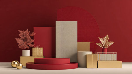 Classic Christmas border of gold stars and vibrant red ornaments framing perfectly wrapped presents.の写真素材