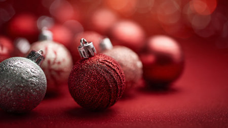 Sparkling snowflake top-view on a matte red background with high-end festive packaging.の写真素材