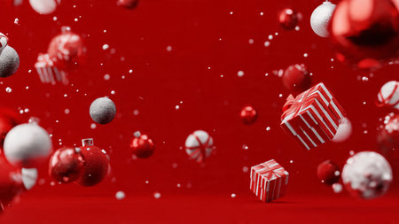 Clean commercial-style frame with Christmas ornaments outlining an empty center space ideal for product or text placement.の写真素材