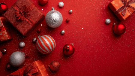 Clean holiday frame with ornaments arranged symmetrically around an open center.の写真素材