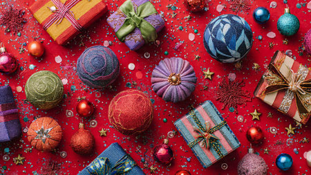 High-end festive border using metallic gold stars, red baubles, and textured ribbon accents.