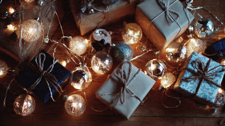 Smooth red monochrome layout contrasted with tiny gold ornament pops and minimalist gift designs.の写真素材