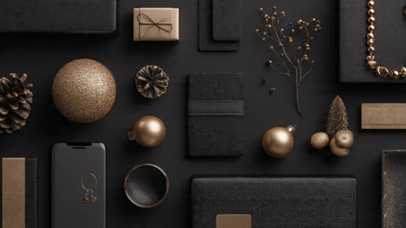 Top-view red flat-lay decorated with sparkling snowflake pieces and luxurious seasonal wrapping.の写真素材