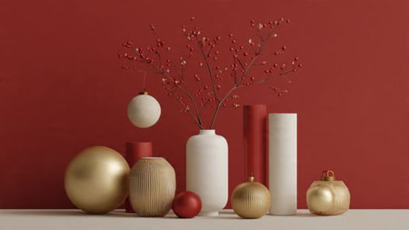 Classic golden-star holiday frame supported by glossy red baubles and elegant festive gift boxes.
