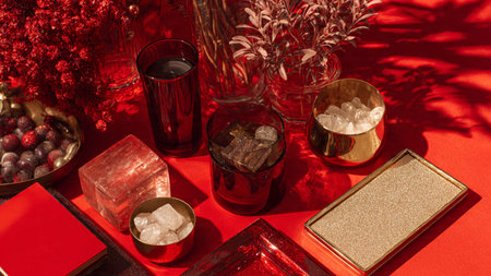 Red holiday scene softened with micro-gold ornament accents and luxury minimal gift wrapping.