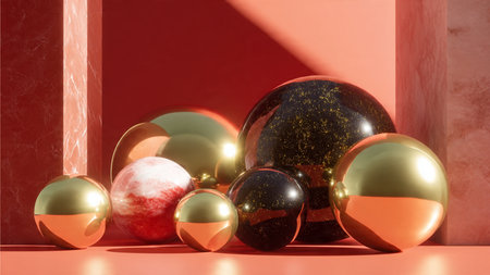 Minimal holiday border with soft glowing gold elements on a deep red surface.