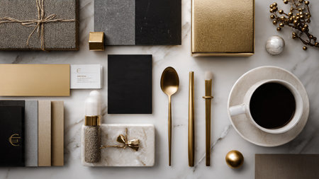 Traditional festive layout with metallic gold stars, bright red baubles, and ribbon-tied gift boxes.の写真素材