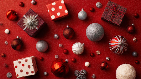 Deep red monochrome backdrop accented with subtle golden ornaments and simplified gift designs.
