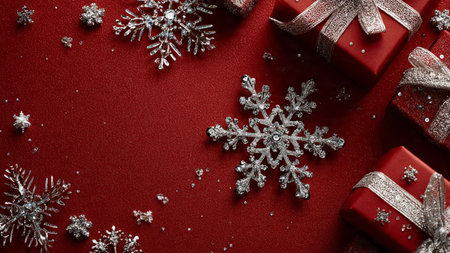Cozy classic Christmas frame with polished golden stars, bright red baubles, and charming ribboned...