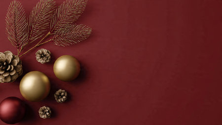 Rustic winter arrangement featuring rough red texture, aged gold pieces, and handmade gift wraps.の写真素材