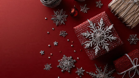 Glittering snowflake flat-lay over matte red with premium wrapping.の写真素材