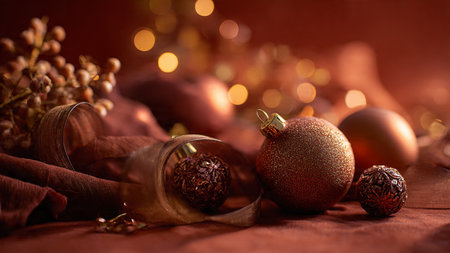 Rustic holiday design featuring textured red cloth and aged golden ornaments with twine-tied presents.の写真素材
