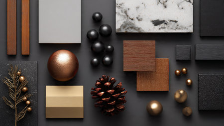 Timeless Christmas composition blending classic ornaments and luxurious holiday packaging.の写真素材