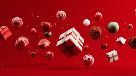 Contemporary minimal mockup with red base tones and selective golden accents.の写真素材